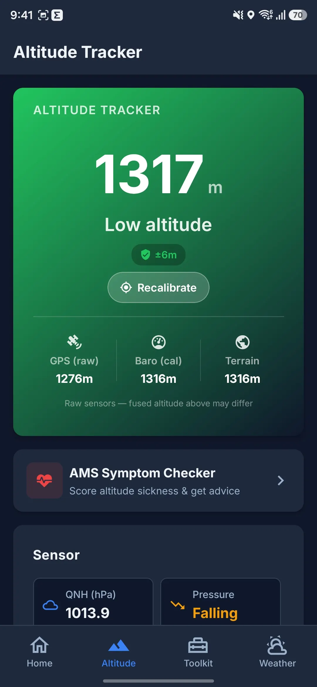 TrekGuard altitude tracking screen